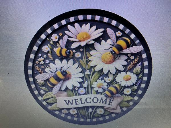 WELCOME BEES DAISIES WREATH SIGN