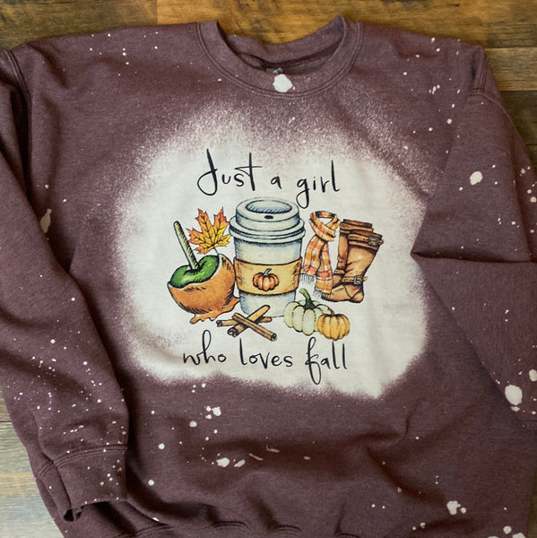 JUST A GIRL WHO LOVES FALL BLEACHED SWEATSHIRT