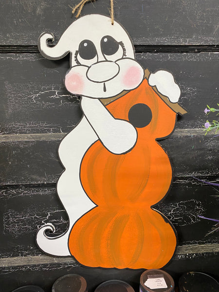 PUMPKIN GHOST BIRDHOUSE PAINTED DOOR HANGER