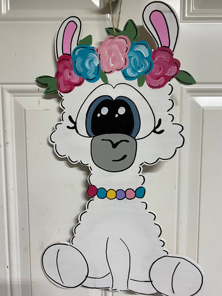 LLAMA WITH FLOWERS DOOR HANGER BLANK WITH STENCIL