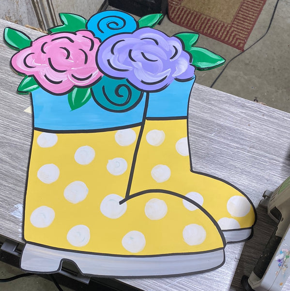 Rain Boots with Flowers Blank Wreath Sign with Stencils