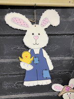 FLUFFY BUNNY OVERALLS DOOR HANGER BLANK WITH STENCIL