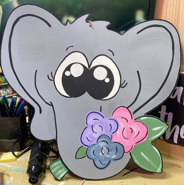 ELEPHANT WITH FLOWERS DOOR HANGER BLANK WITH STENCIL