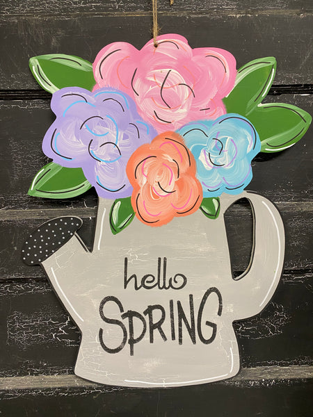 HELLO SPRING WATER CAN DOOR HANGER BLANK WITH STENCIL