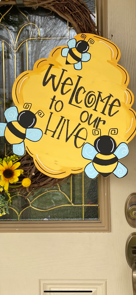 WELCOME TO OUR HIVE PAINTED DOOR HANGER